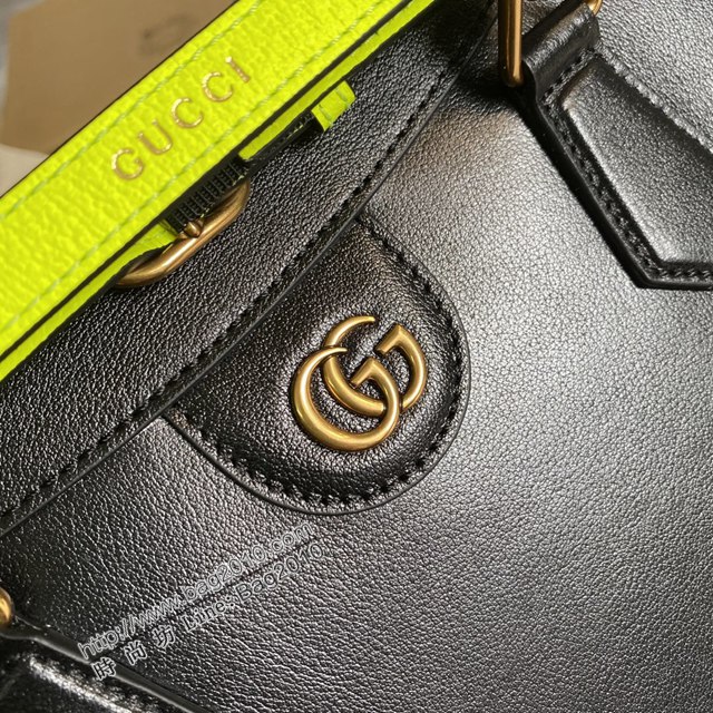 Gucci新款包包 古馳新款竹節手提包 螢光色扣帶 Gucci黑色色全皮大號托特包 655658  ydg3183